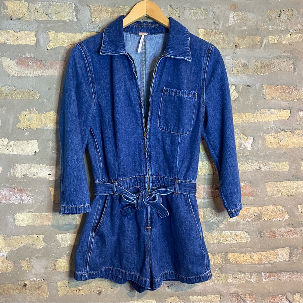 FREE PEOPLE ~ Denim Blue Romper with Pockets